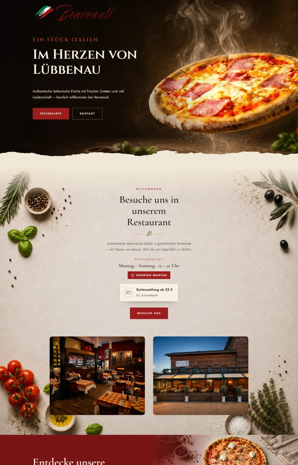Startseite von ristorante-benvenuti.de mit Pizza im Hero und Reißkante