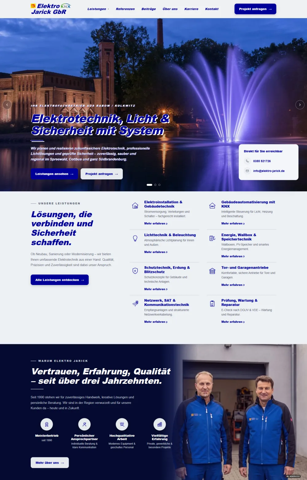 Startseite von Elektro Jarick GbR mit Hero-Bild und Leistungsübersicht