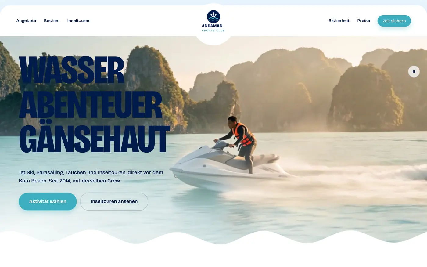 Demo-Website Andaman Sports Club mit Jetski-Video im Hero