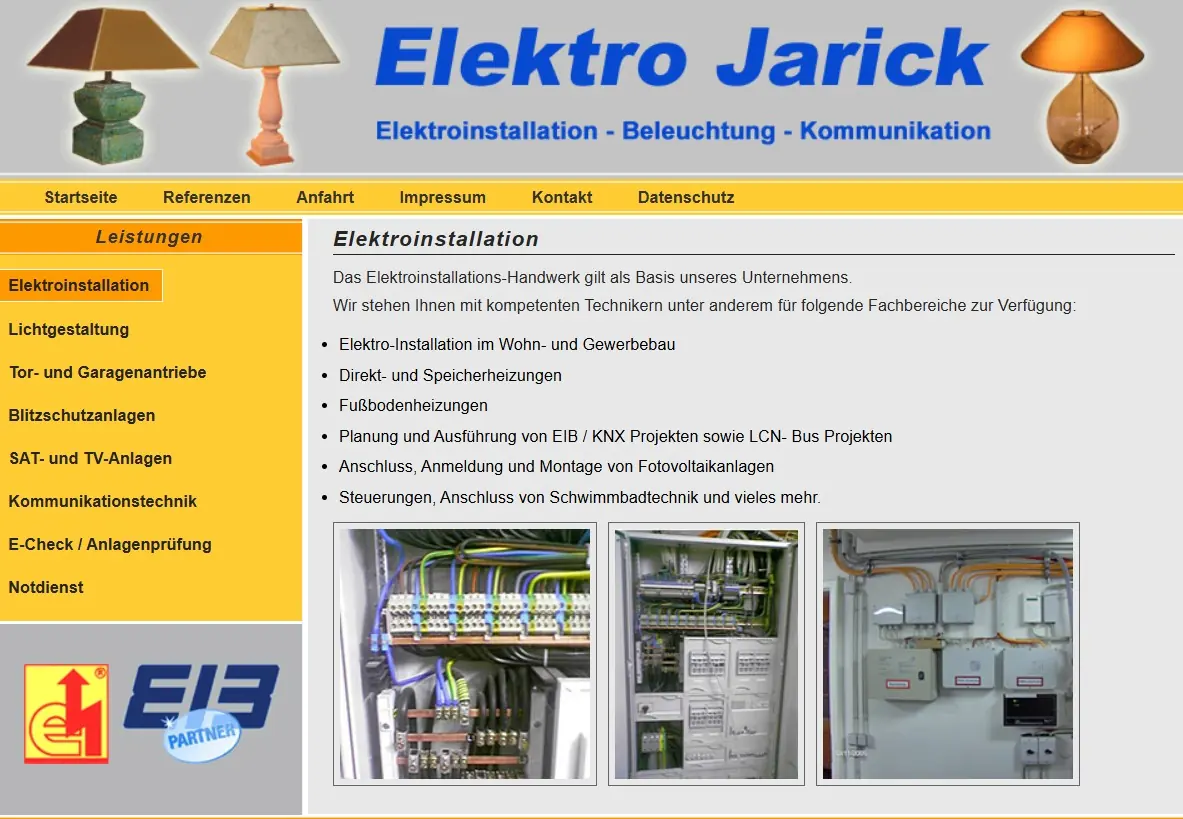 Leistungsseite Elektroinstallation der alten Website mit Aufzählung und drei Fotos von Verteilerschränken