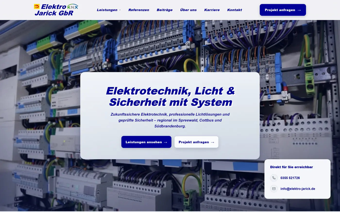 Startseite von Elektro Jarick mit KNX-Verteilung im Hero