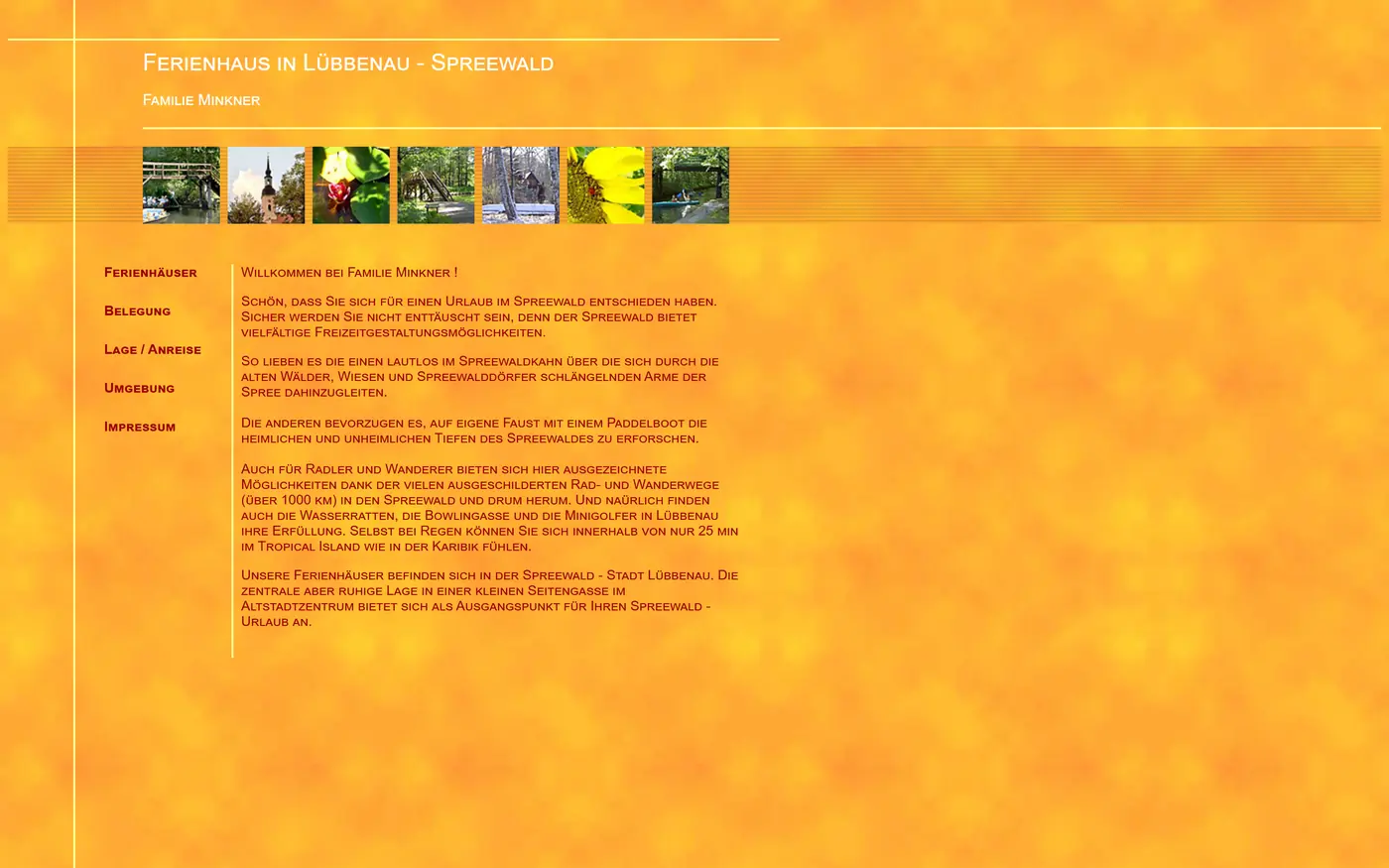 Alte Website mit orangefarbenem Verlaufshintergrund, kleiner Bilderleiste und Text in Kapitälchen