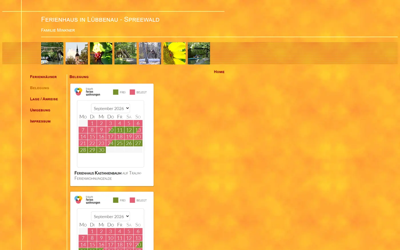 Belegungsseite der alten Website mit zwei eingebetteten Portal-Kalender-Widgets in Briefmarkengröße
