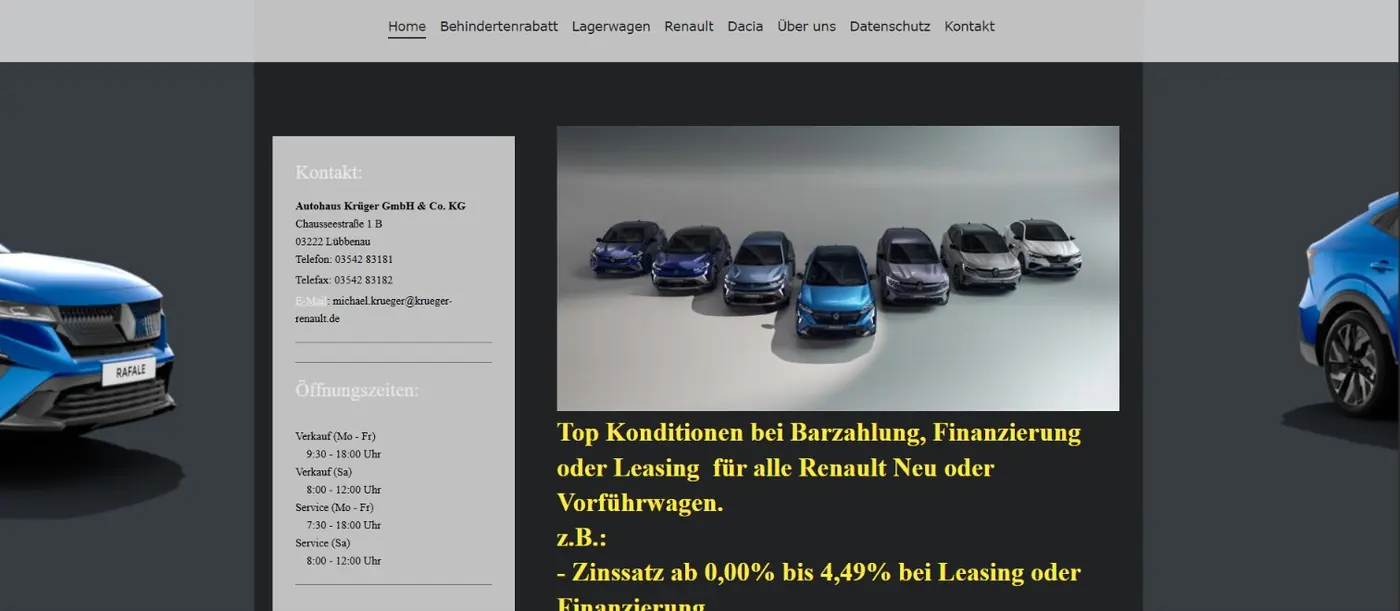 Alte Website des Autohaus Krüger: schmale Inhaltsspalte auf dunklem Hintergrundbild, gelbe Serifenschrift