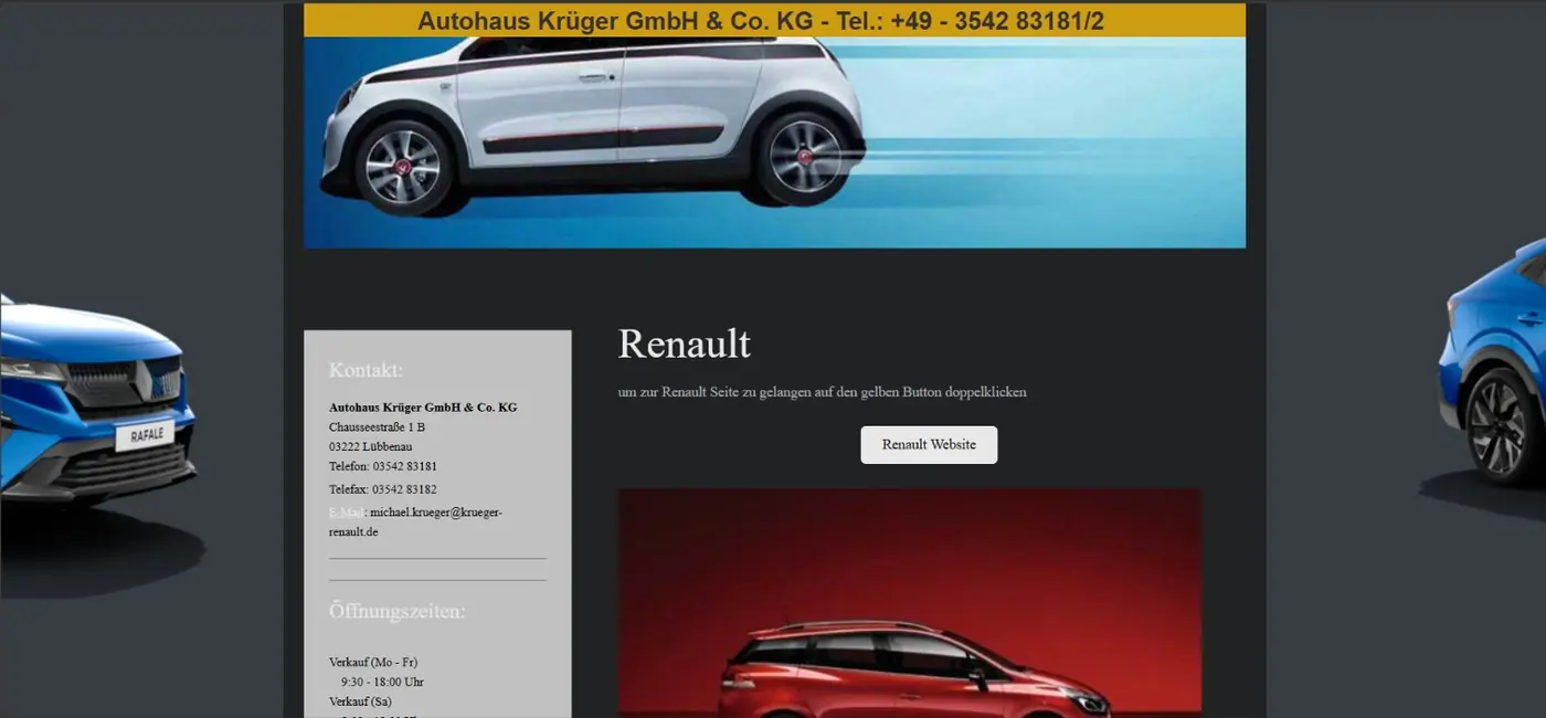 Unterseite der alten Website mit Werbebanner, grauem Button und der Anweisung, den Button doppelt anzuklicken