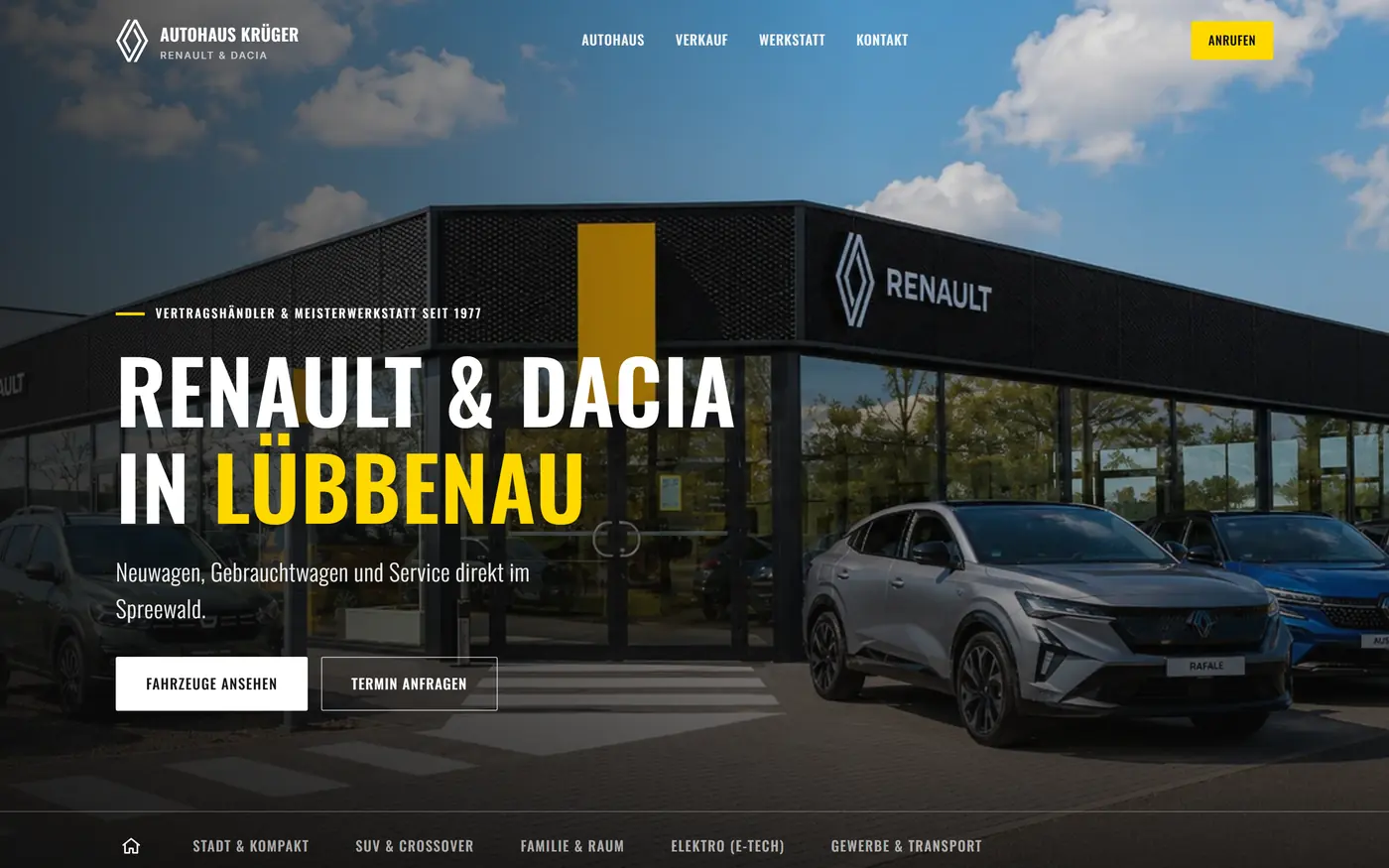 Neue Startseite von krueger-renault.de mit Autohaus-Foto, Claim und zwei Handlungsbuttons