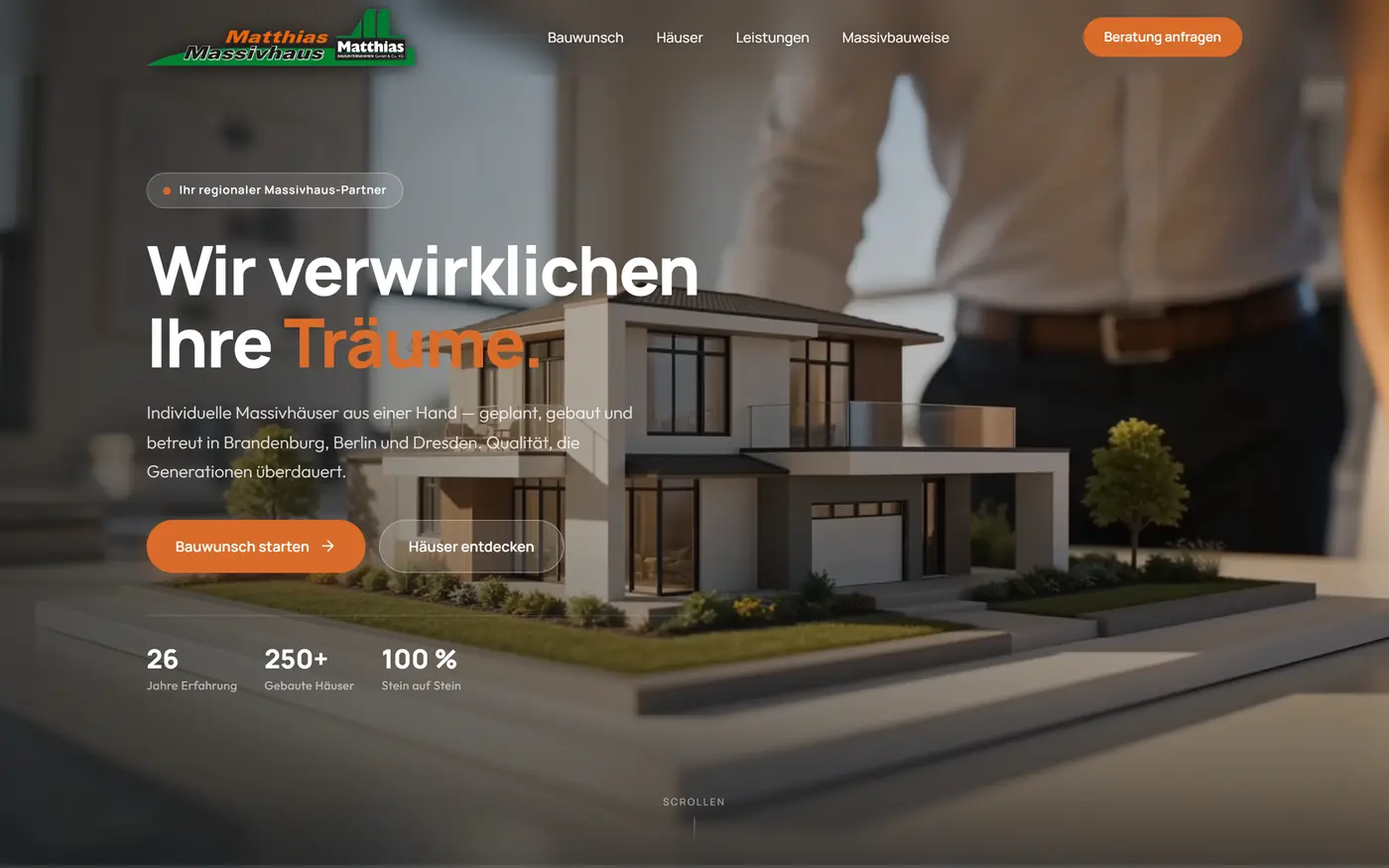 Demo-Website Matthias Massivhaus mit Hausmodell im Hero