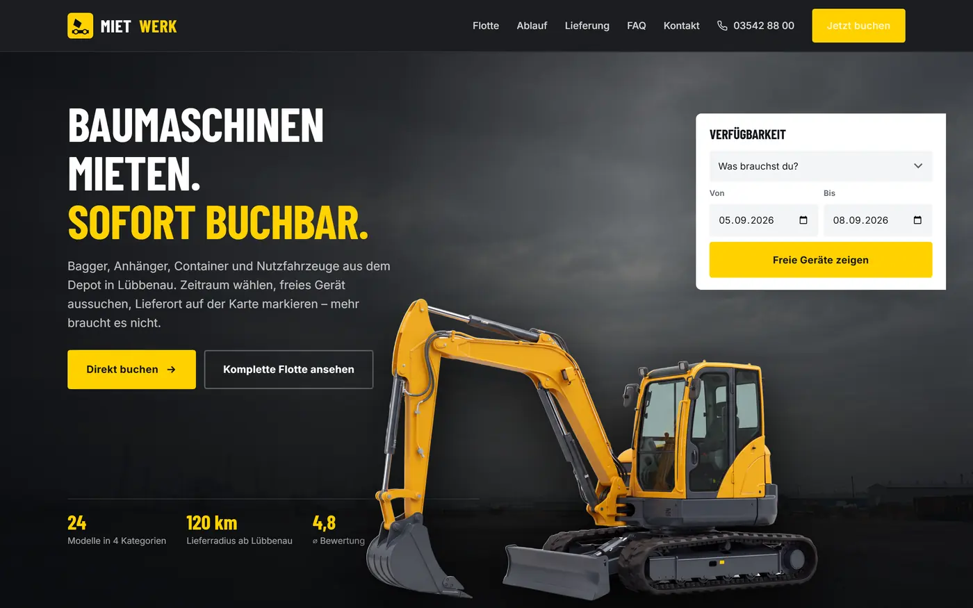 Demo-Website MIETWERK mit freigestelltem Bagger und Verfügbarkeitsabfrage