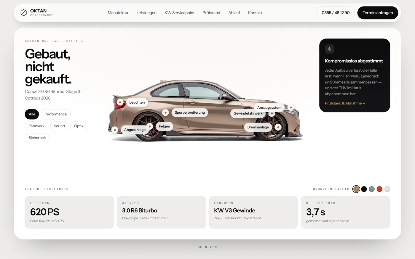 Demo-Website OKTAN Performance mit freigestelltem Sportwagen und Hotspots