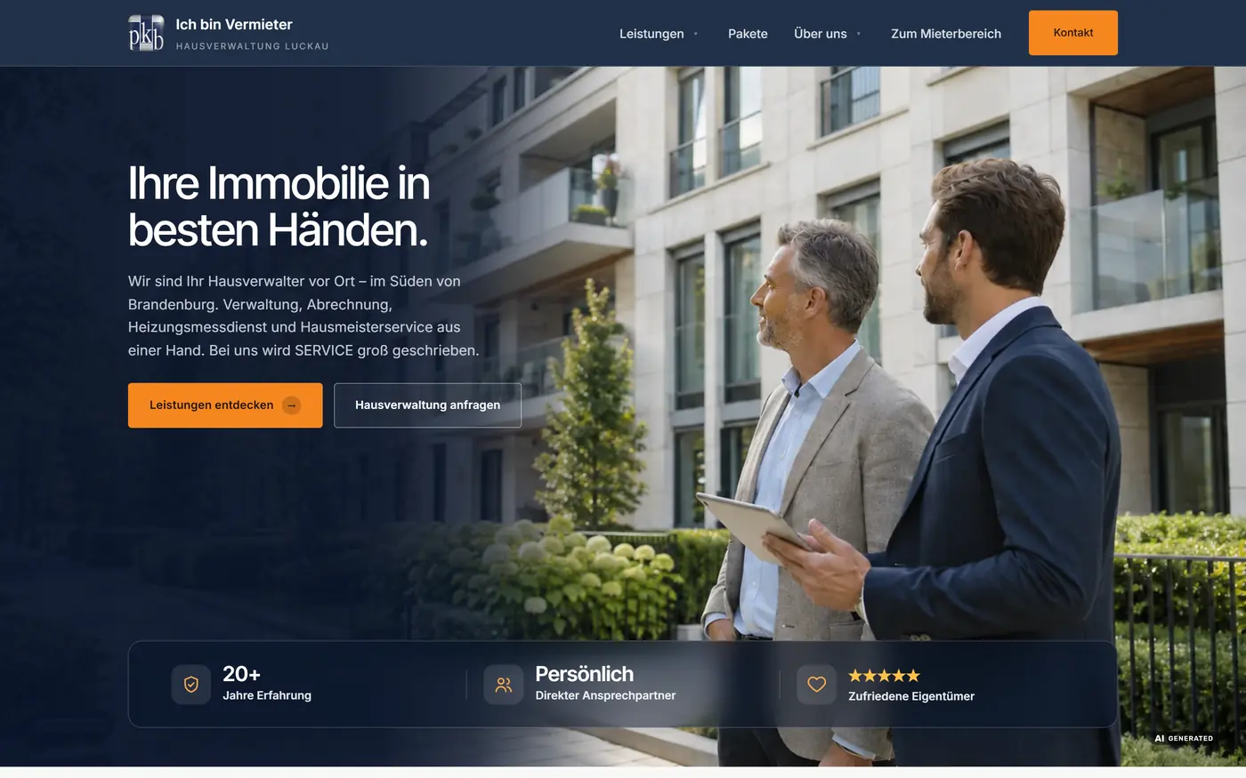 Neue Startseite von pkb ImmobilienSERVICE mit dem Claim Ihre Immobilie in besten Händen und Kennzahlenleiste