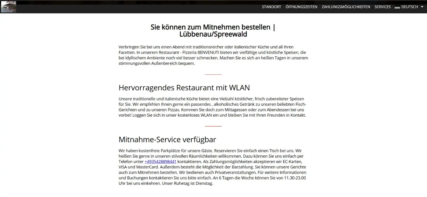 Alte automatisch erzeugte Restaurantseite mit Textblöcken und den Menüpunkten Standort, Öffnungszeiten, Zahlungsmöglichkeiten, Services