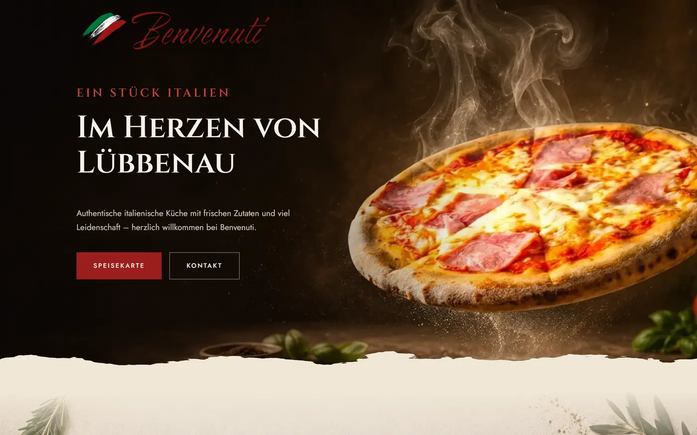 Startseite von ristorante-benvenuti.de mit Pizza im Hero und Reißkante
