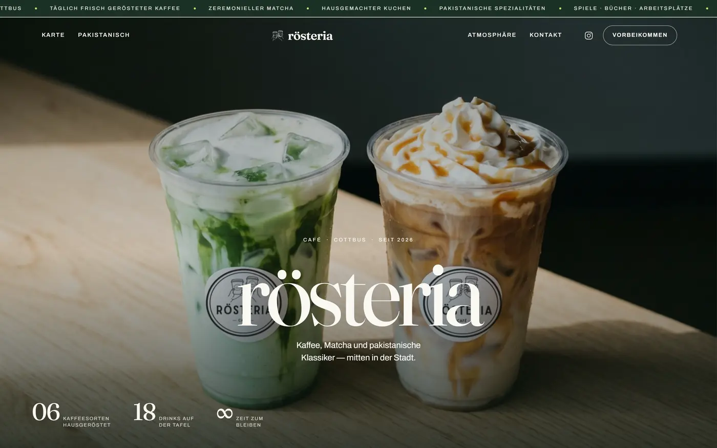 Demo-Website rösteria mit Matcha und Eiskaffee im Hero