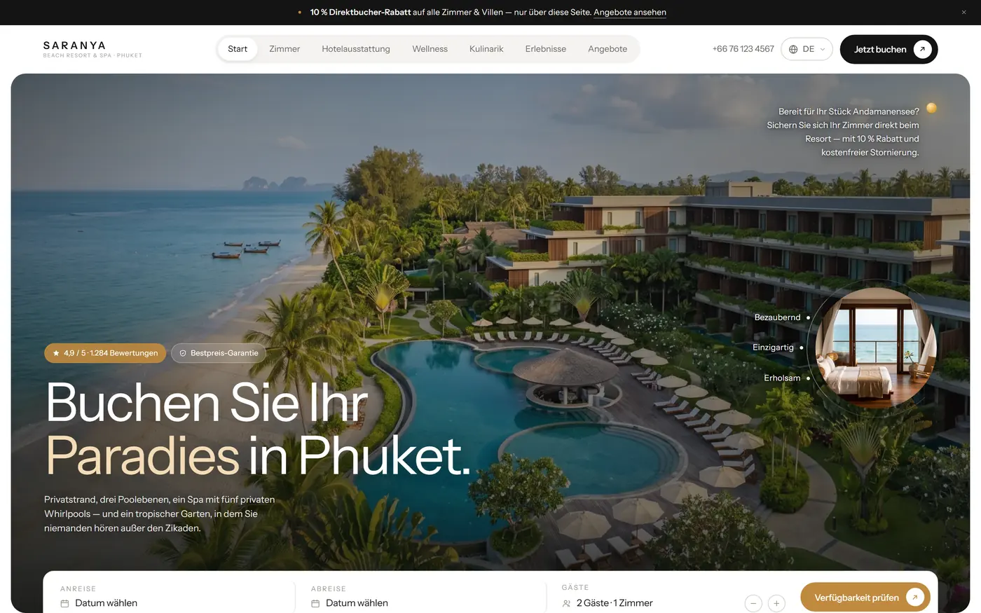 Demo-Website SARANYA Beach Resort mit Pool-Luftaufnahme und Buchungsleiste