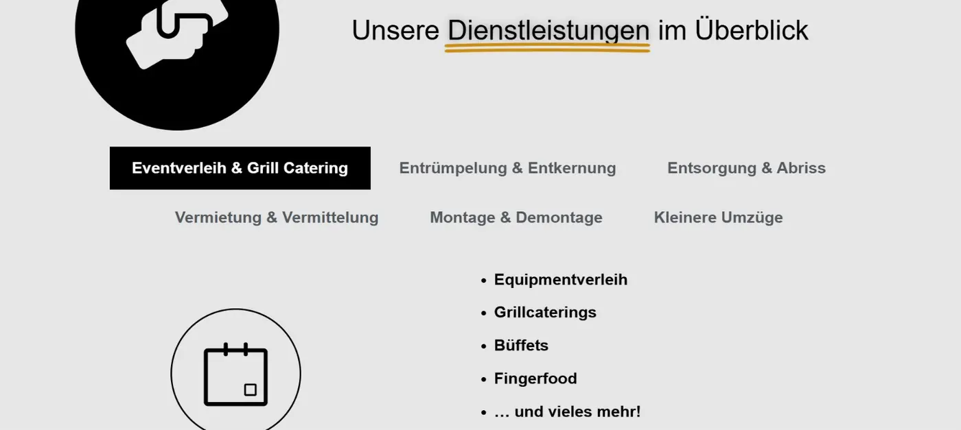 Alte Sammelseite: Reiterleiste mit sechs Dienstleistungen, Grill-Catering als einer davon