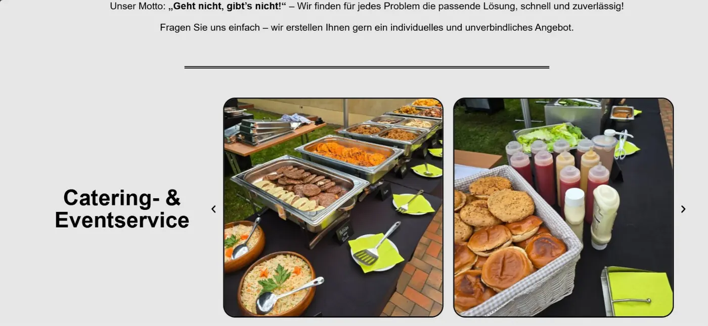 Alte Seite: Bilderkarussell mit Buffet-Fotos, links die Überschrift Catering- und Eventservice, nur Pfeile zur Navigation