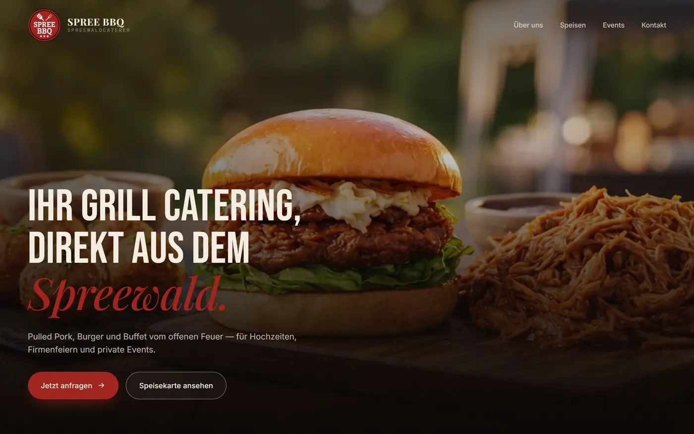 Startseite von spree-bbq.de mit Pulled-Pork-Burger im Hero
